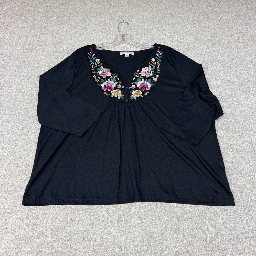 Carolyn Taylor Top 2X Black Floral Embroidered Split Neck 3/4 Sleeve Blouse Plus